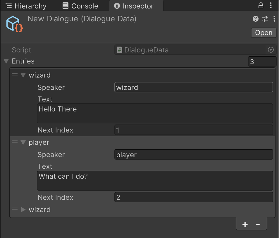 The serialized DialogueData asset in the Unity Inspector, which stores the structured conversation data generated by the graph tool for use in-game.