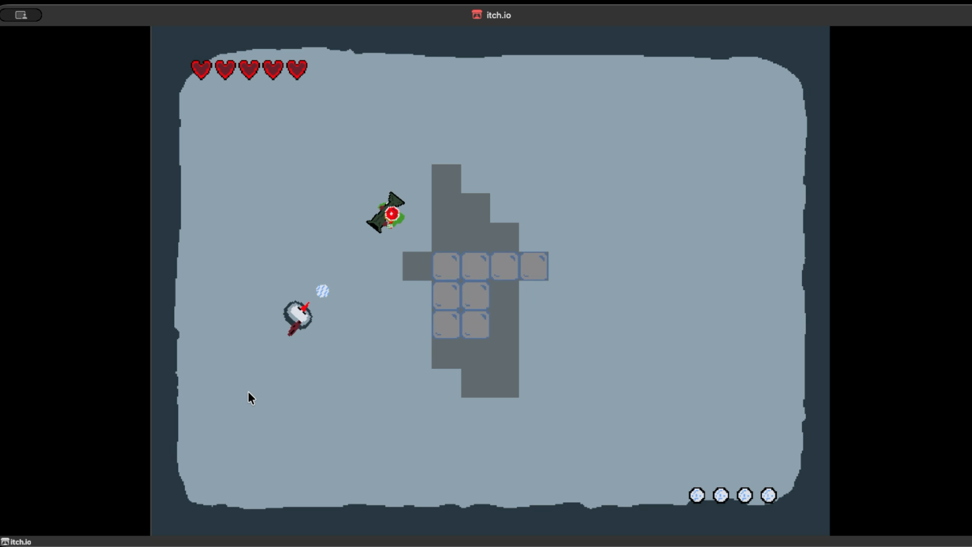 The player character firing the snow cannon at incoming snowmen.